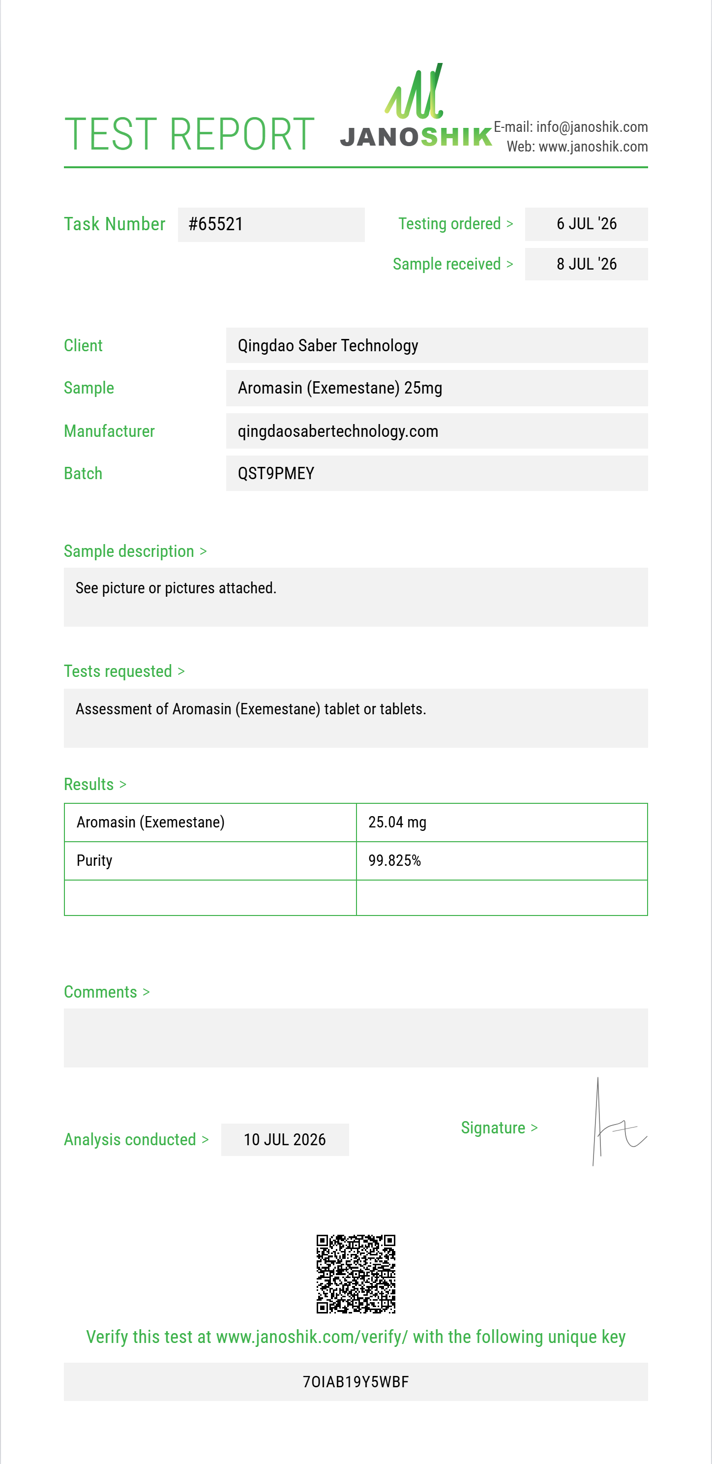 Aromasin (Exemestane) Purity (HPLC) report by Janoshik Analytical