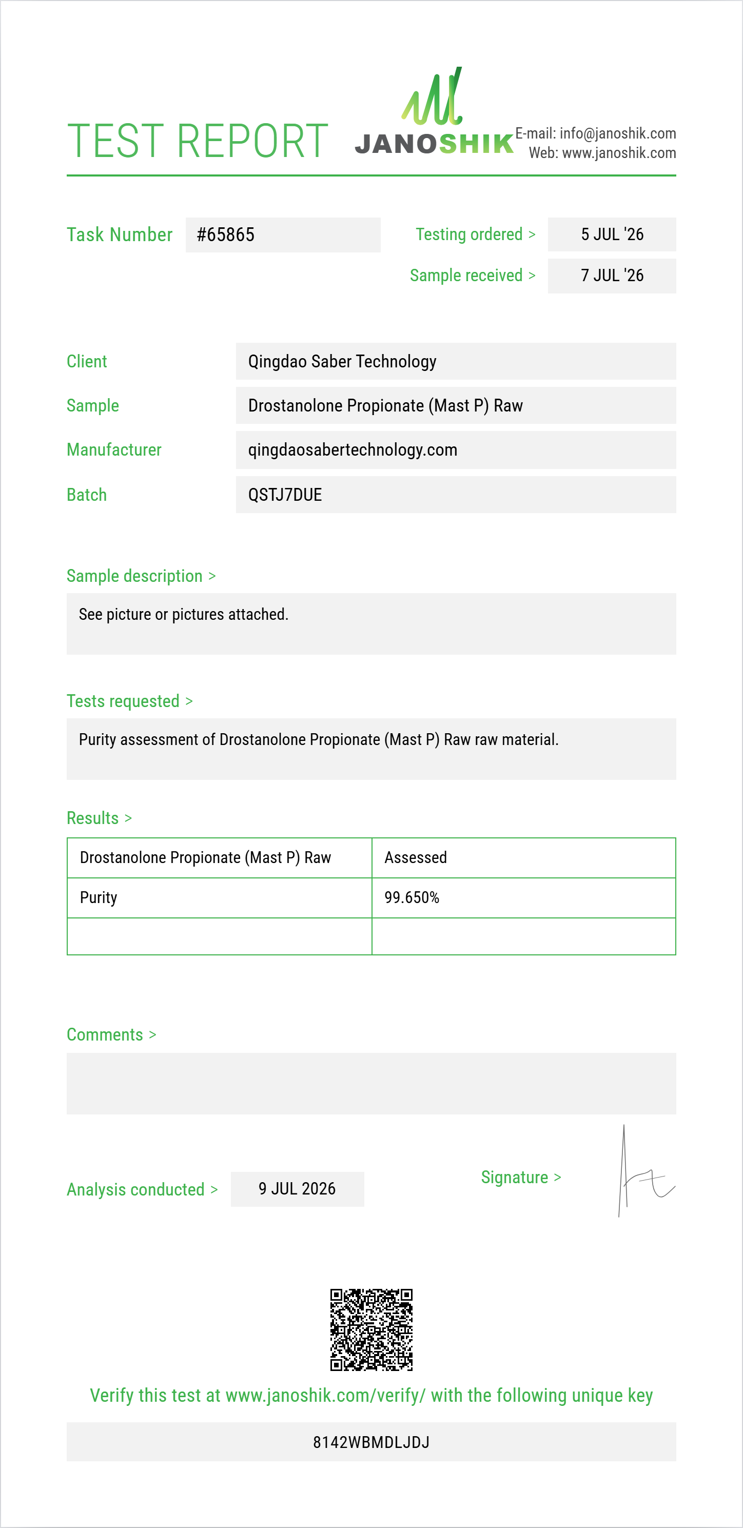 Drostanolone Propionate (Mast P) Raw Purity (HPLC) report by Janoshik Analytical