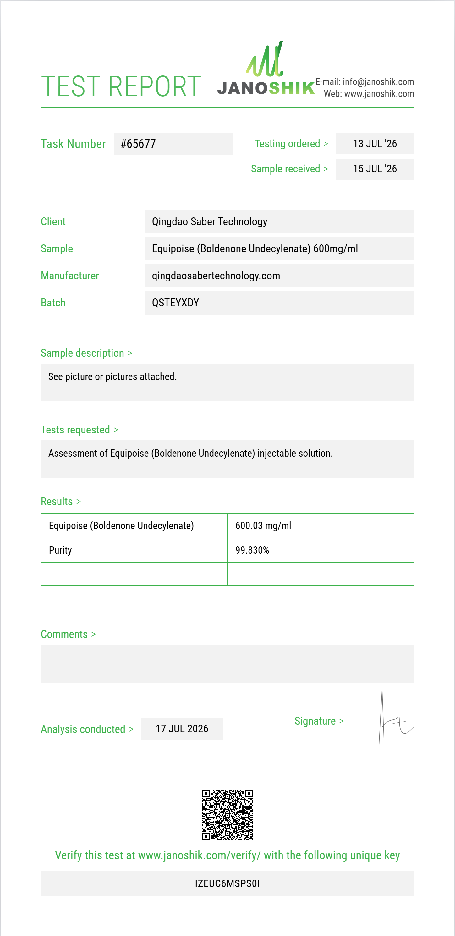Equipoise (Boldenone Undecylenate) Purity (HPLC) report by Janoshik Analytical
