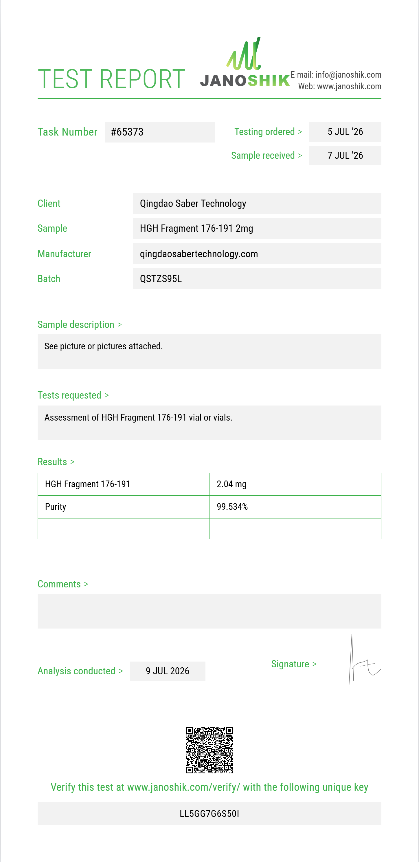 HGH Fragment 176-191 Purity (HPLC) report by Janoshik Analytical