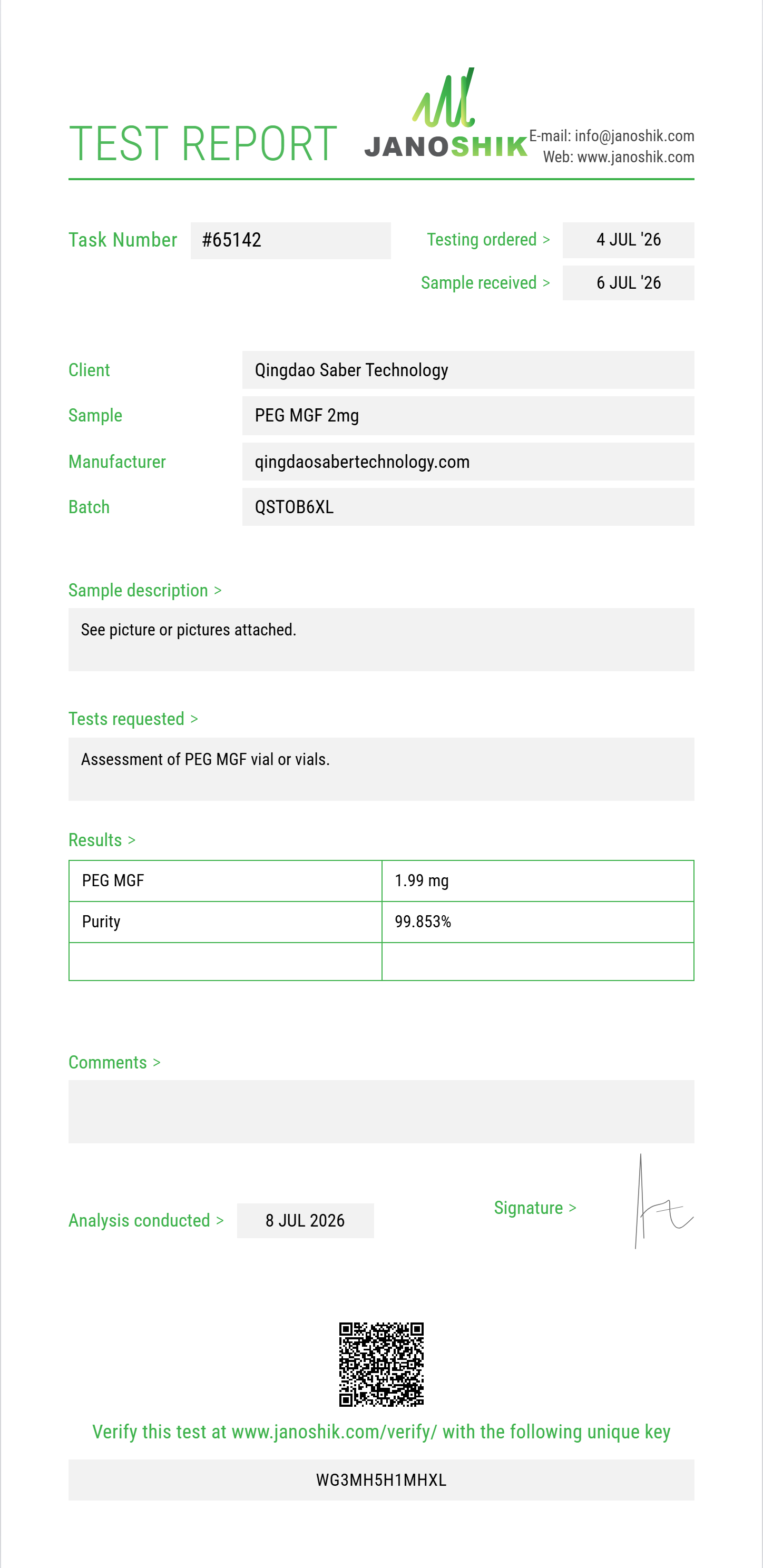 PEG MGF Purity (HPLC) report by Janoshik Analytical