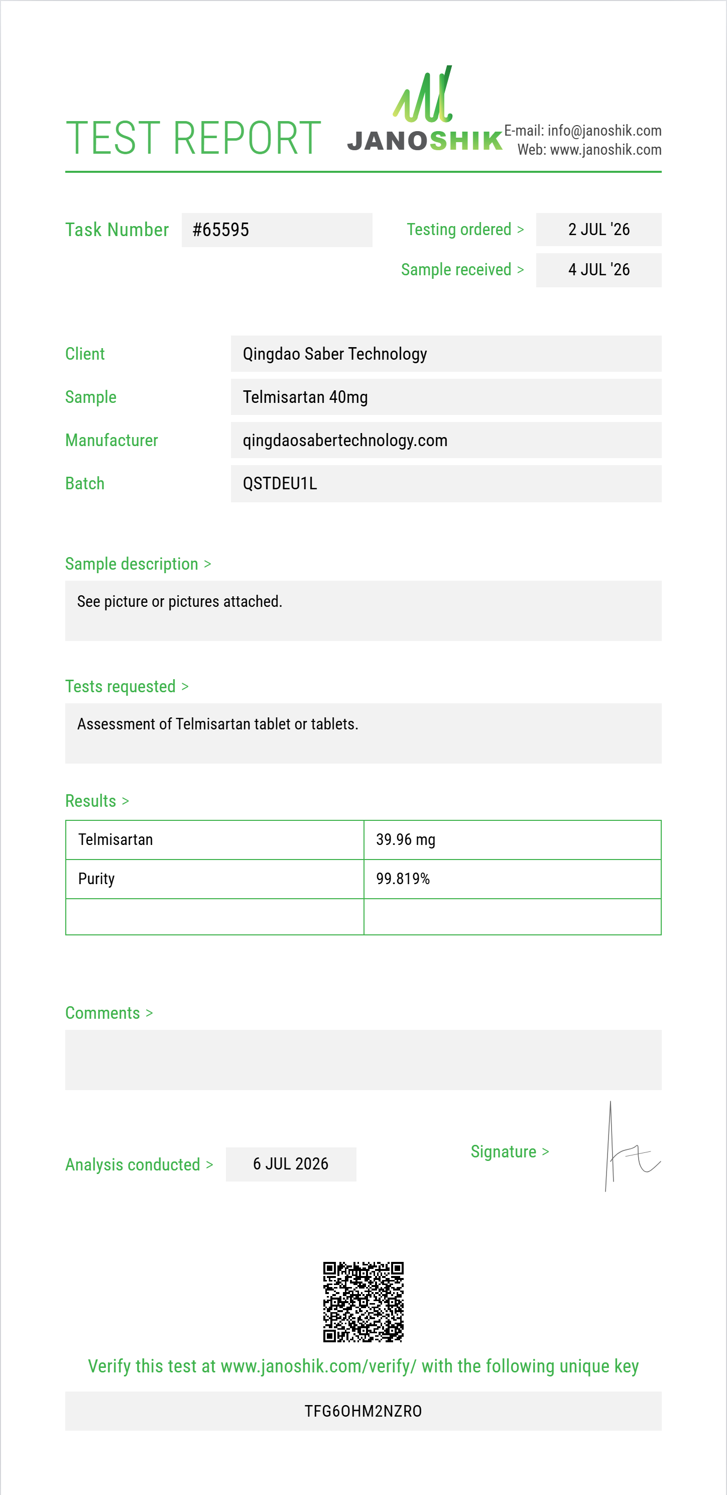 Telmisartan Purity (HPLC) report by Janoshik Analytical