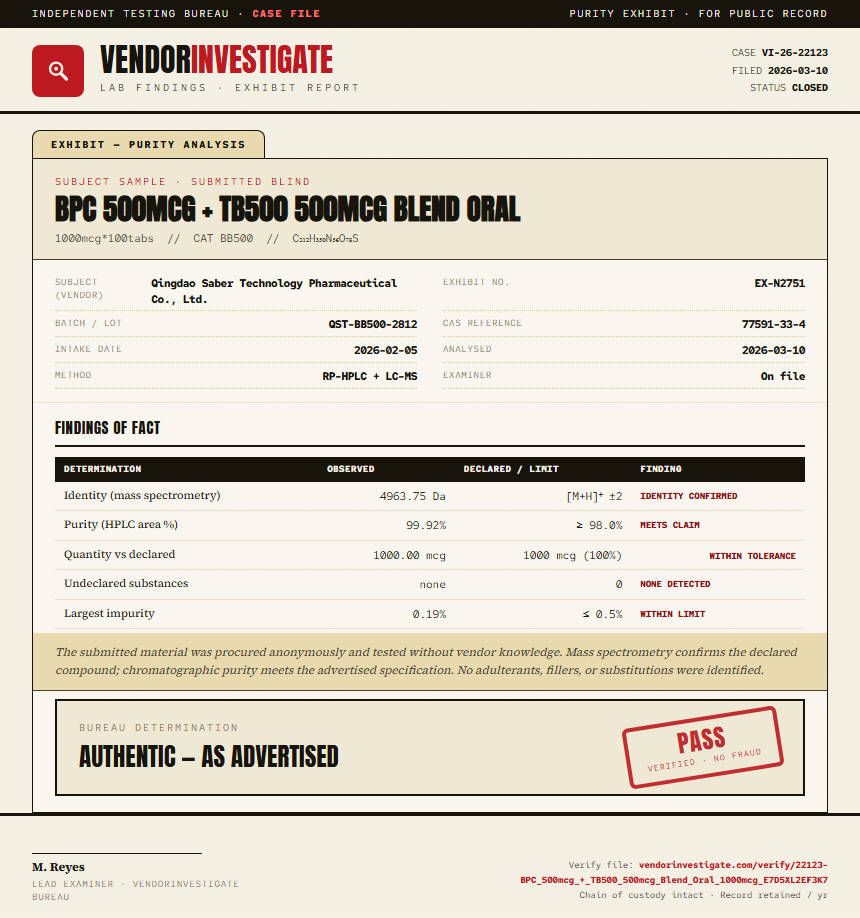 BPC 500mcg + TB500 500mcg Blend Oral Purity (HPLC) report by VendorInvestigate
