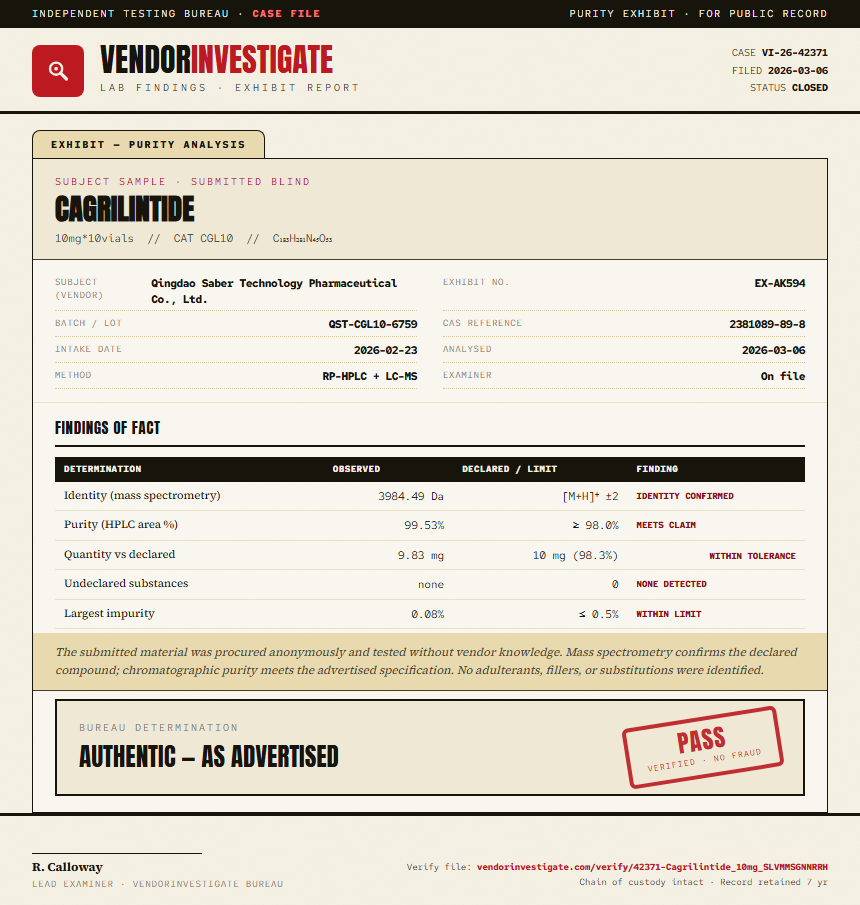 Cagrilintide 5mg + Semaglutide 5mg Blend Purity (HPLC) report by VendorInvestigate