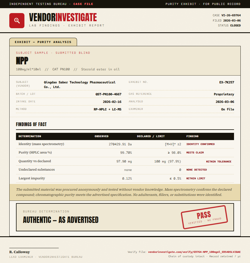 NPP Purity (HPLC) report by VendorInvestigate