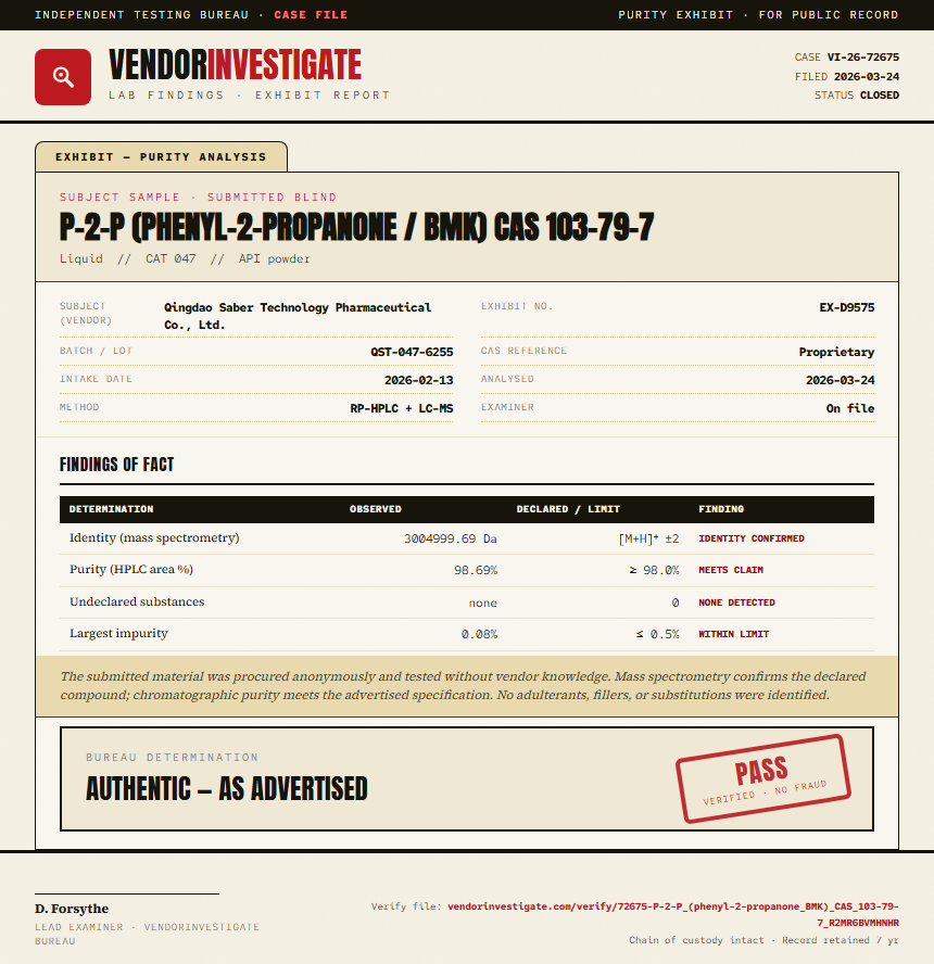 P-2-P (phenyl-2-propanone / BMK) CAS 103-79-7 Purity (HPLC) report by VendorInvestigate
