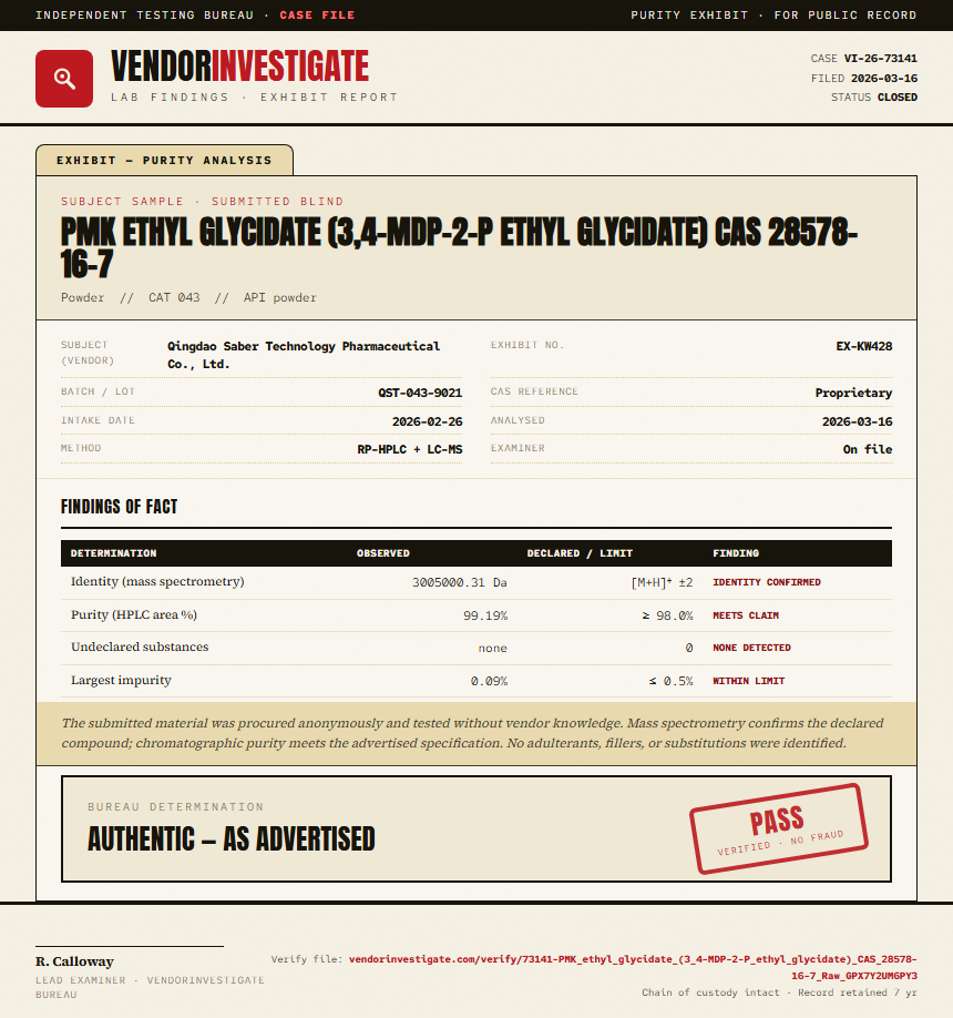 PMK ethyl glycidate (3,4-MDP-2-P ethyl glycidate) CAS 28578-16-7 Purity (HPLC) report by VendorInvestigate