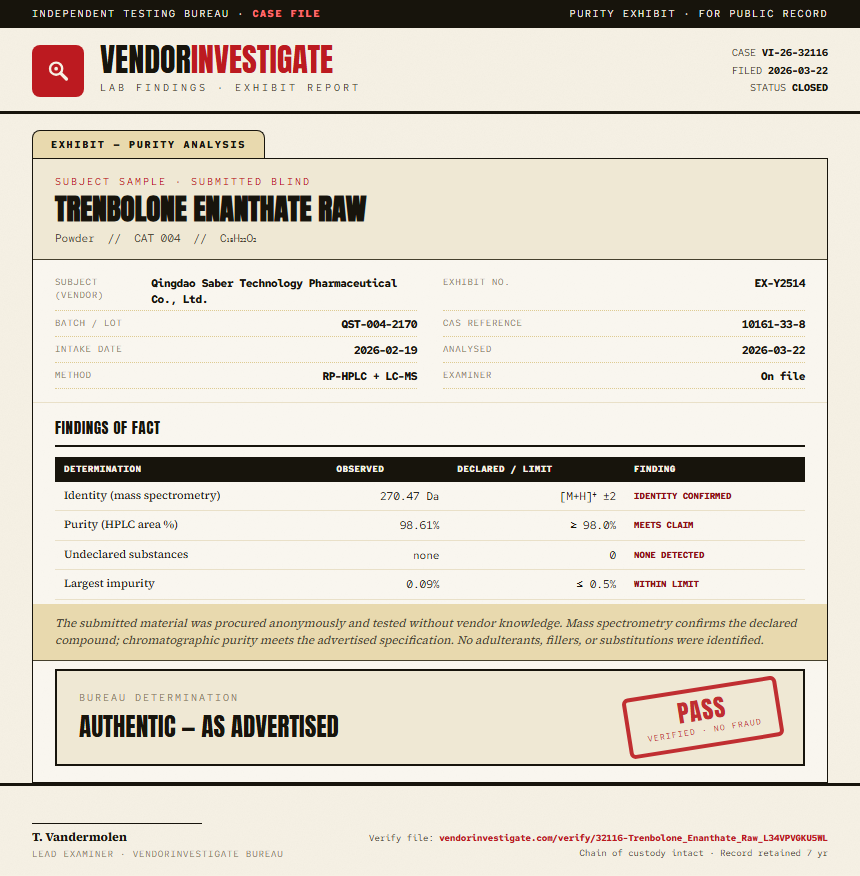 Trenbolone Enanthate Raw Purity (HPLC) report by VendorInvestigate